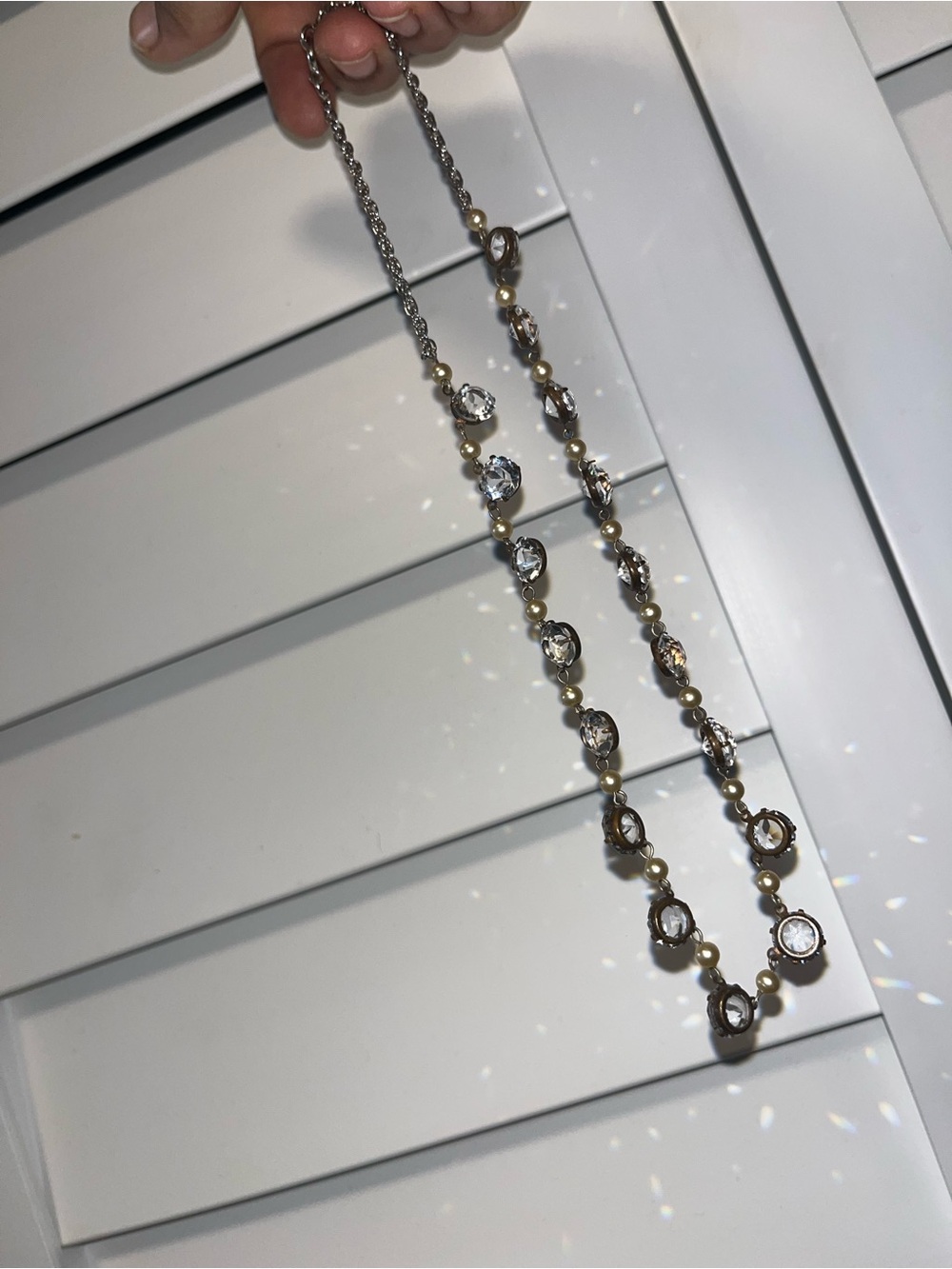 Delicate Silver-Tone Crystal & Pearl Station Necklace
